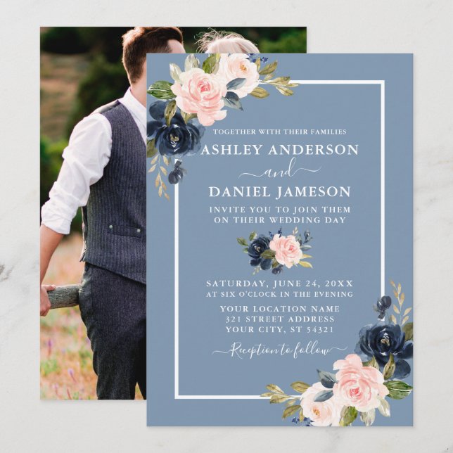 Invitation Mariage photo floral bleu bleu foncé moderne (Devant / Derrière)