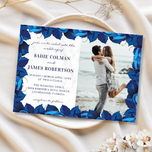 Invitation Mariage photo floral bleu marine et Marbre blanc