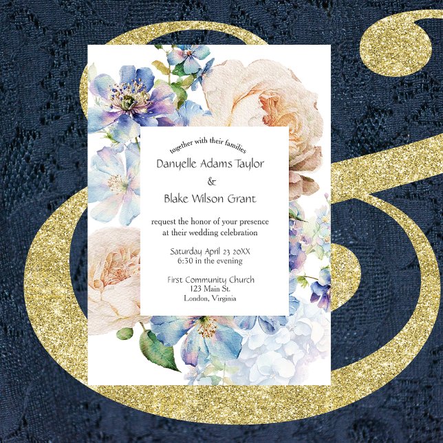 Invitation Mariage photo floral doux Dusty bleu ivoire (Créateur téléchargé)