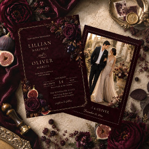 Invitation Mariage photo floral en velours bordeaux de luxe