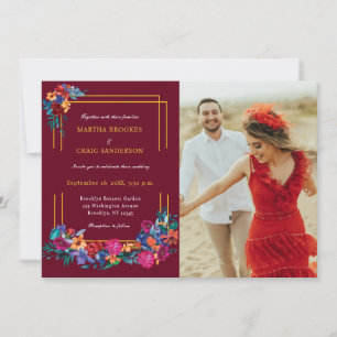 Invitation Mariage Photo Floral Fiesta Mexicain Bourgogne