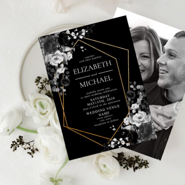 Invitation Mariage photo floral géométrique moderne Black Gol (Créateur téléchargé)