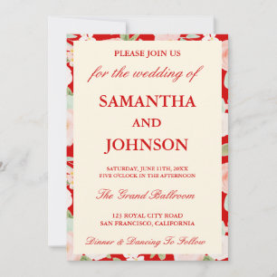 Invitation Mariage Photo Floral Ivoire Vintage Rouge Moderne
