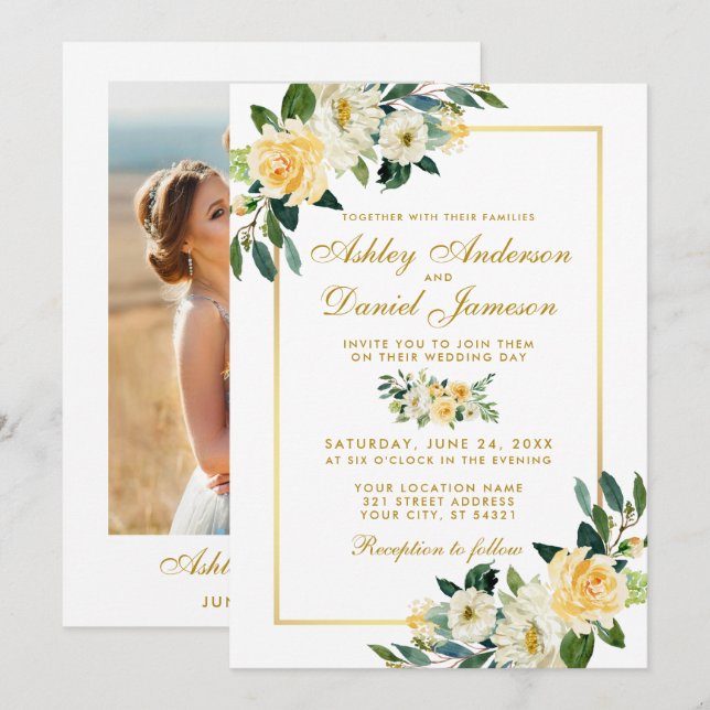 Invitation Mariage photo Floral Jaune Blanc Or (Devant / Derrière)