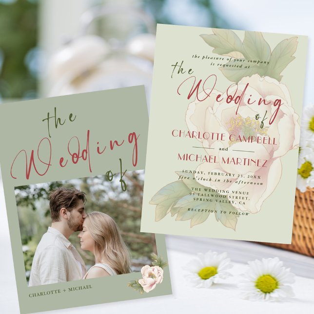 Invitation Mariage photo floral moderne Sage Green Blush Peon (Créateur téléchargé)