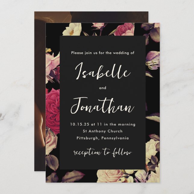 Invitation Mariage photo floral Moody Dramatic (Devant / Derrière)
