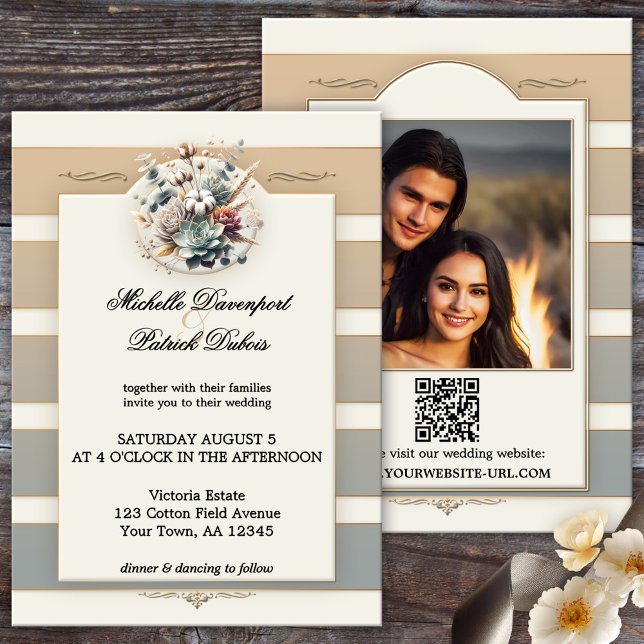Invitation Mariage photo floral rayé de ton de la Terre (Modern photo wedding invitation featuring an elegant striped design in pastel earth tones + QR code)