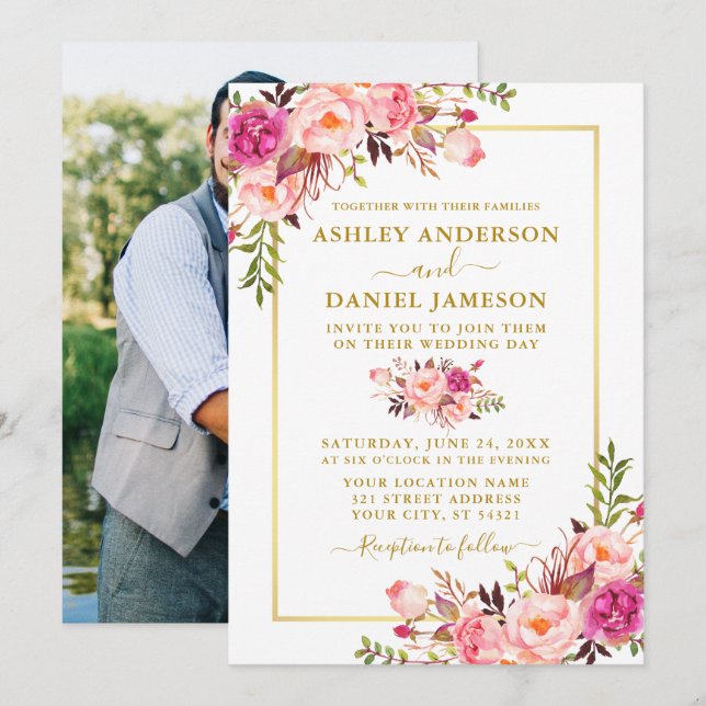 Invitation Mariage photo floral rose Aquarelle moderne (Devant / Derrière)