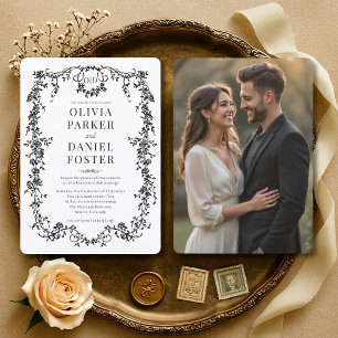 Invitation Mariage photo floral victorien français noir et bl