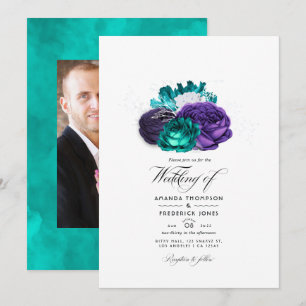 Invitation Mariage photo floral violet rustique et turquoise