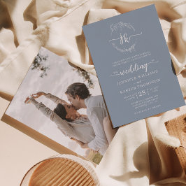 Invitation Mariage photo Floral Wreath Dusty Blue Monogram