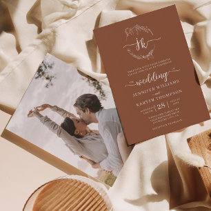 Invitation Mariage photo Floral Wreath Terracotta Monogram