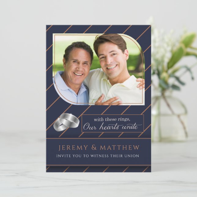 Invitation Mariage photo Gay et Lesbian Blue Pinstripe (Debout devant)