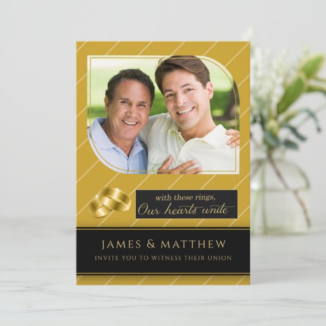 Invitation Mariage photo Gay et Lesbian Gold Pinstripe (Debout devant)