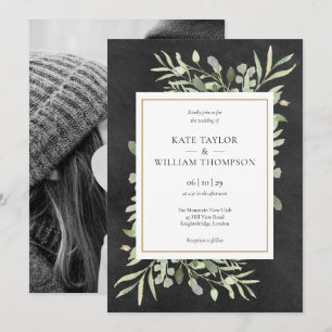 Invitation Mariage photo géométrique or tableau noir et verdu