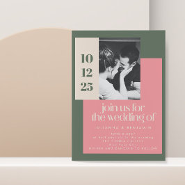 Invitation Mariage photo géométrique tendance rose et vert