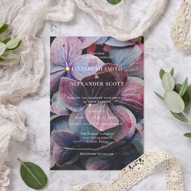 Invitation Mariage photo Gold Blue Lavender Purple Hydrangeas (Créateur téléchargé)