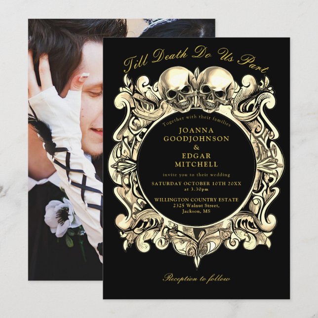 Invitation Mariage photo gothique noir et or jusqu'à la mort (Devant / Derrière)