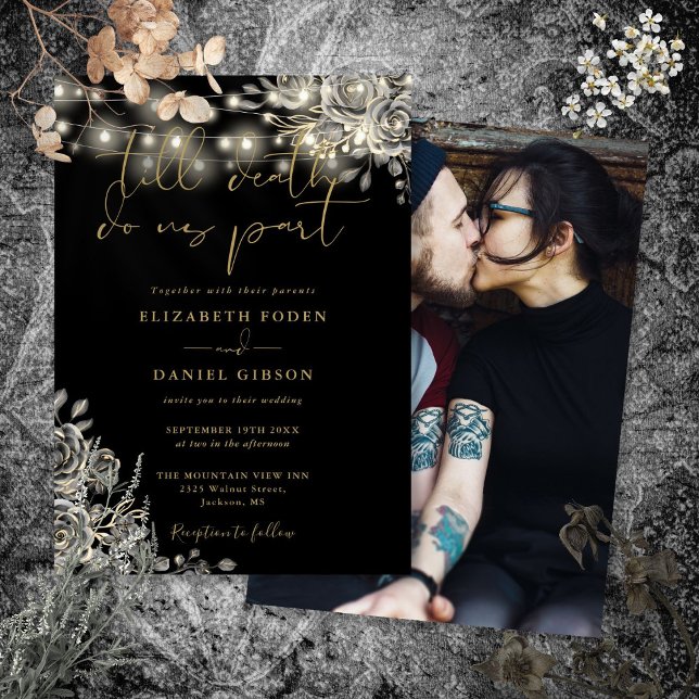 Invitation Mariage photo gothique Noir et Or Roses (Black And Gold Gothic Roses Lights Photo Wedding Invitation)