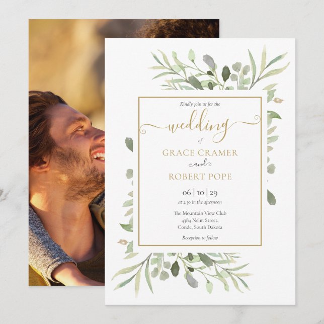 Invitation Mariage photo Green Elegant Gold Script (Devant / Derrière)