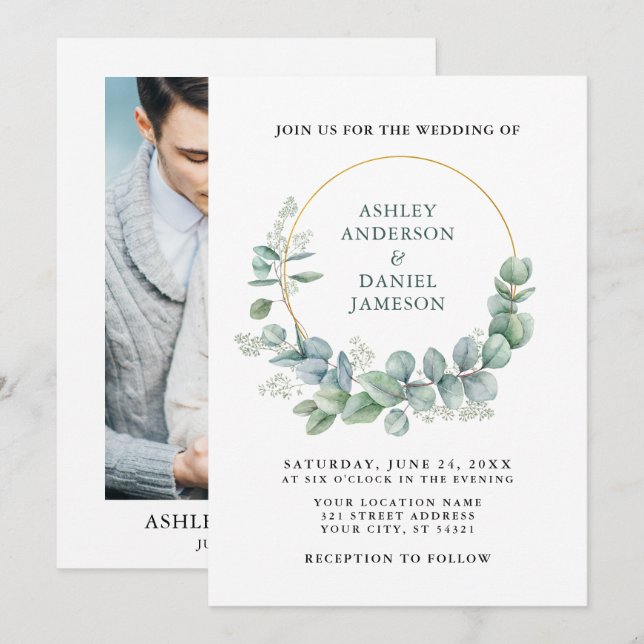 Invitation Mariage photo Green Eucalyptus Gold (Devant / Derrière)