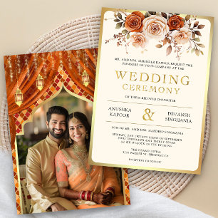 Invitation Mariage Photo Indien Hindou Floral Or Doré Rouille