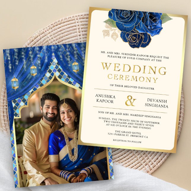 Invitation Mariage photo indien Hindu Blue Gold Floral (Créateur téléchargé)