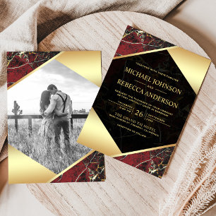 Invitation Mariage Photo Marbre Rouge Bourgogne Géométrique O