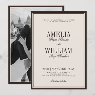 Invitation Mariage Photo Marron Crème Luxe Classique Argent A