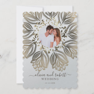 Invitation Mariage photo métal argent et or Floral