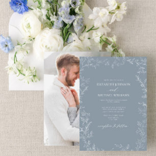Invitation Mariage photo minimal feuille bleu poussiéreux mod