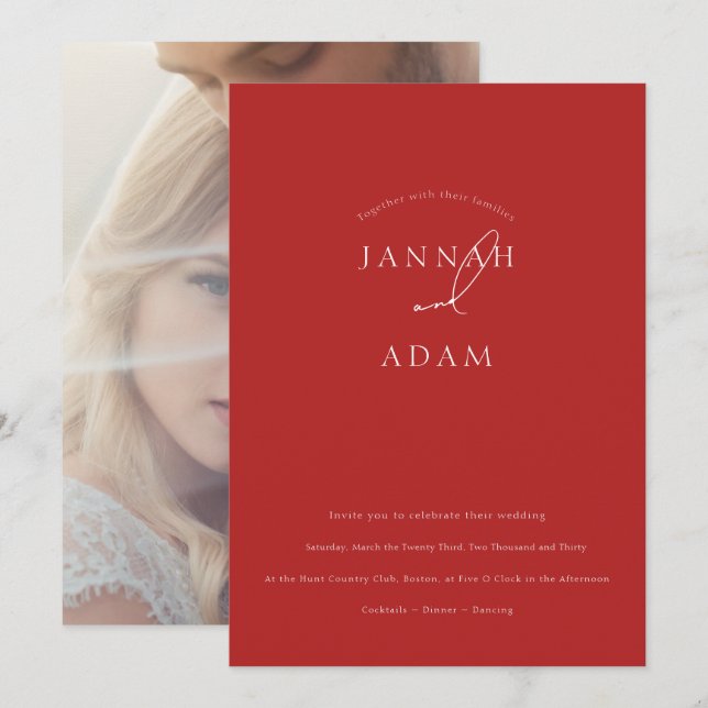 Invitation Mariage photo minimaliste Crimson rouge (Devant / Derrière)