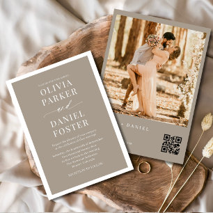 Invitation Mariage photo minimaliste Taupe Boho QR Code