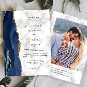 Invitation Mariage Photo Moderne Bleu Nuit Agate Marbre Or