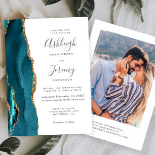 Invitation Mariage Photo Moderne Bleu Sarcelle Or Agate