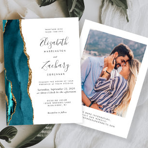 Invitation Mariage photo moderne bleu sarcelle or agate
