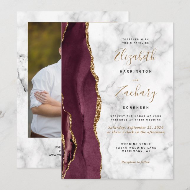 Invitation Mariage photo moderne Burgundy Gold Agate Marbre (Devant / Derrière)