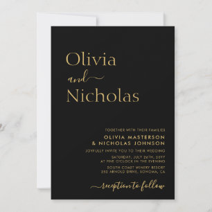 Invitation Mariage photo moderne chic noir et or Script
