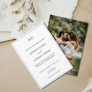 Invitation Mariage photo moderne classique blanc Monogramme