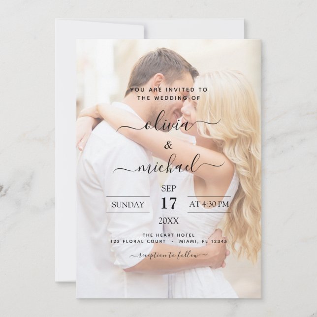 Invitation Mariage photo moderne de recouvrement noir et blan (Devant)