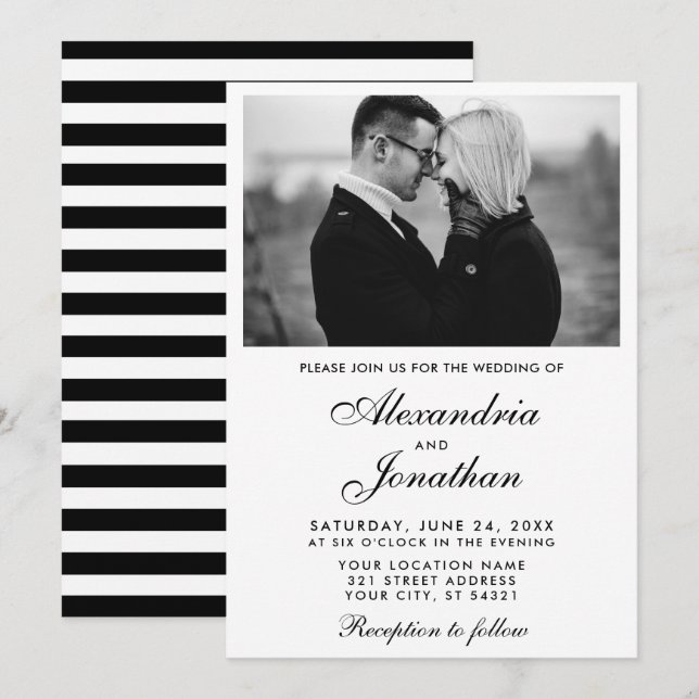 Invitation Mariage photo moderne Elégant Couple BxW rayé (Devant / Derrière)