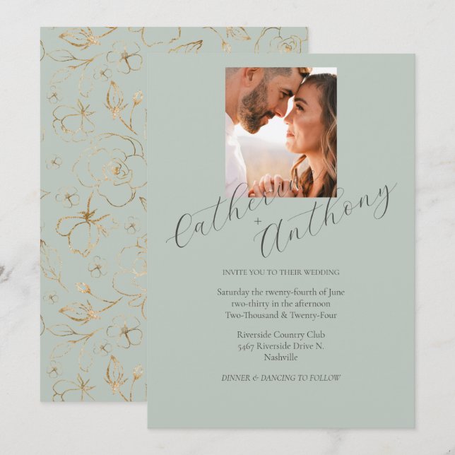 Invitation Mariage photo moderne Elegant Gold Sage Green (Devant / Derrière)