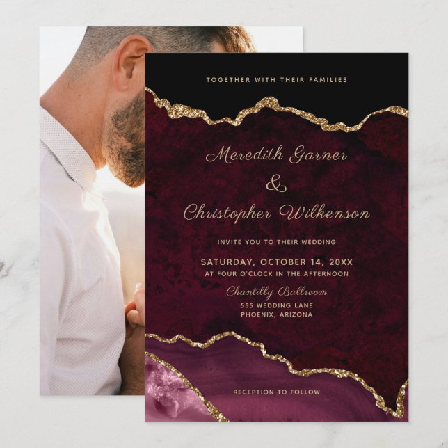 Invitation Mariage photo moderne Gold Burgundy Agate (Devant / Derrière)