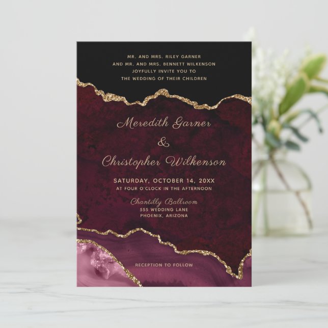 Invitation Mariage photo moderne Gold Burgundy Agate (Debout devant)
