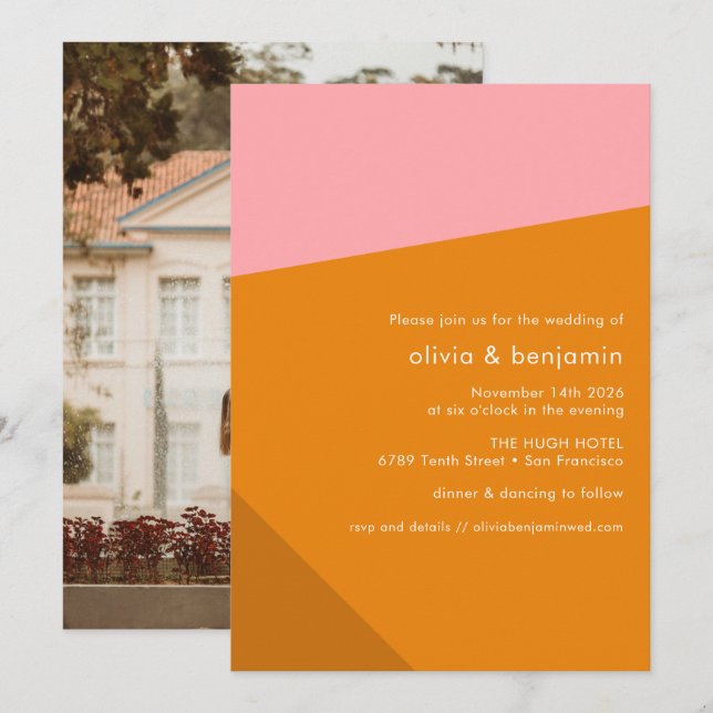 Invitation Mariage photo moderne Gras Géométrique Rose Orange (Devant / Derrière)