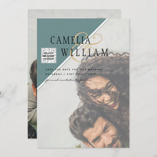 Invitation Mariage PHOTO moderne Inviter QR CODE Rsvp Green (Devant / Derrière)