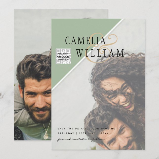 Invitation Mariage PHOTO moderne Inviter QR CODE Rsvp Green (Devant / Derrière)