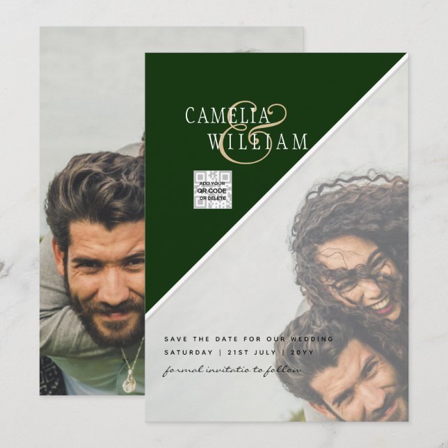 Invitation Mariage PHOTO moderne Inviter QR CODE Rsvp Green (Devant / Derrière)