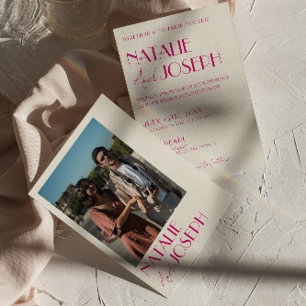 Invitation Mariage photo moderne rose blanc français rétro