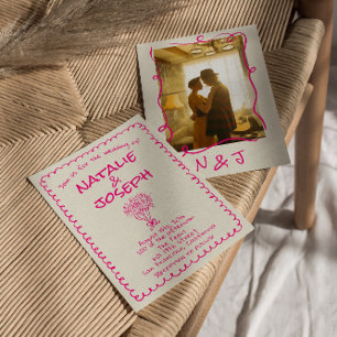 Invitation Mariage Photo Moderne Rose Vivant Dessiné à la Mai
